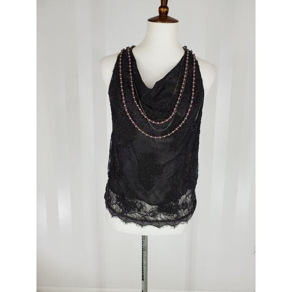 NWT ALICE + OLIVIA Women's Black Beaded & Lace Racerback Style Top Sz S